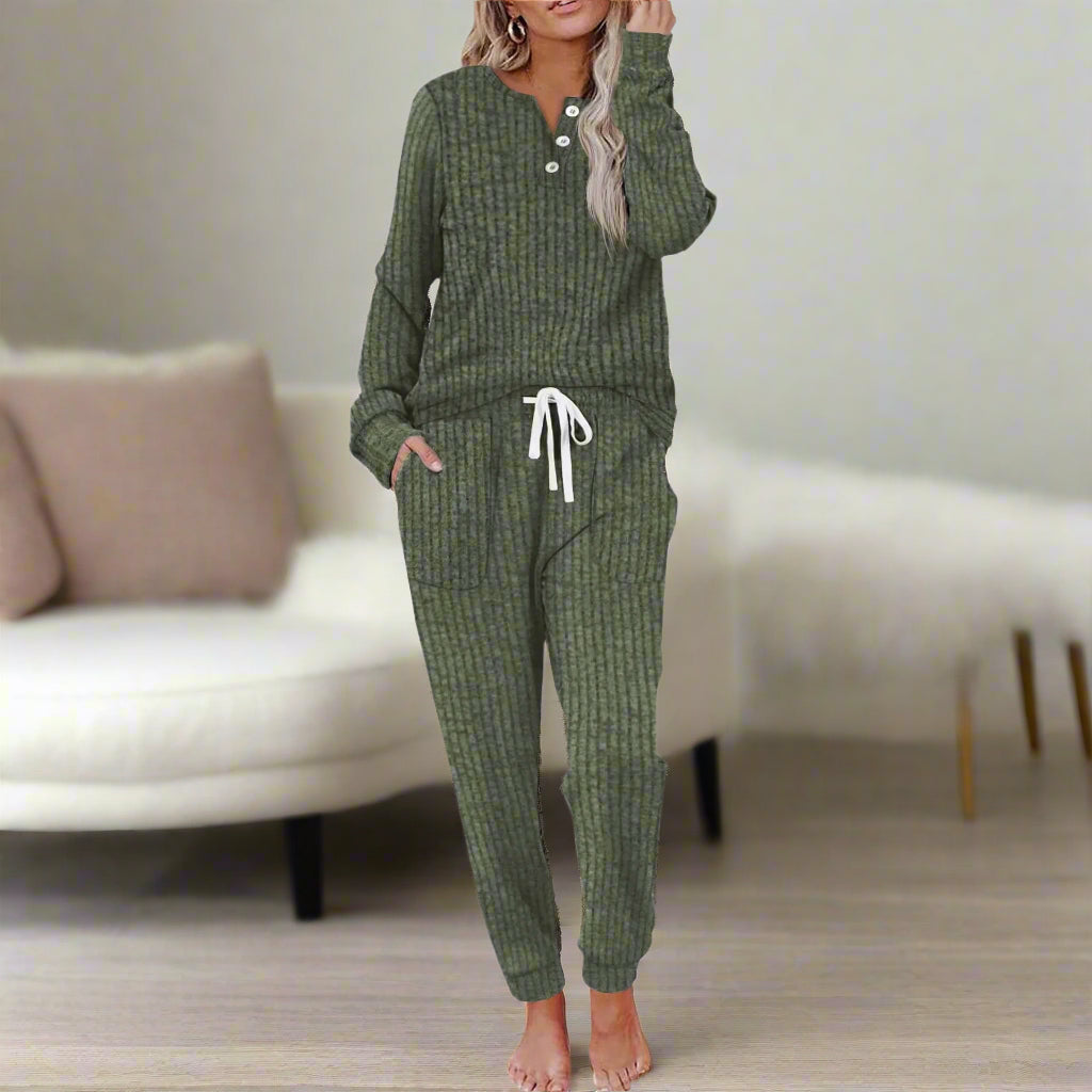 Waffle Knit Two-Piece Lounge Set in Leaf Green