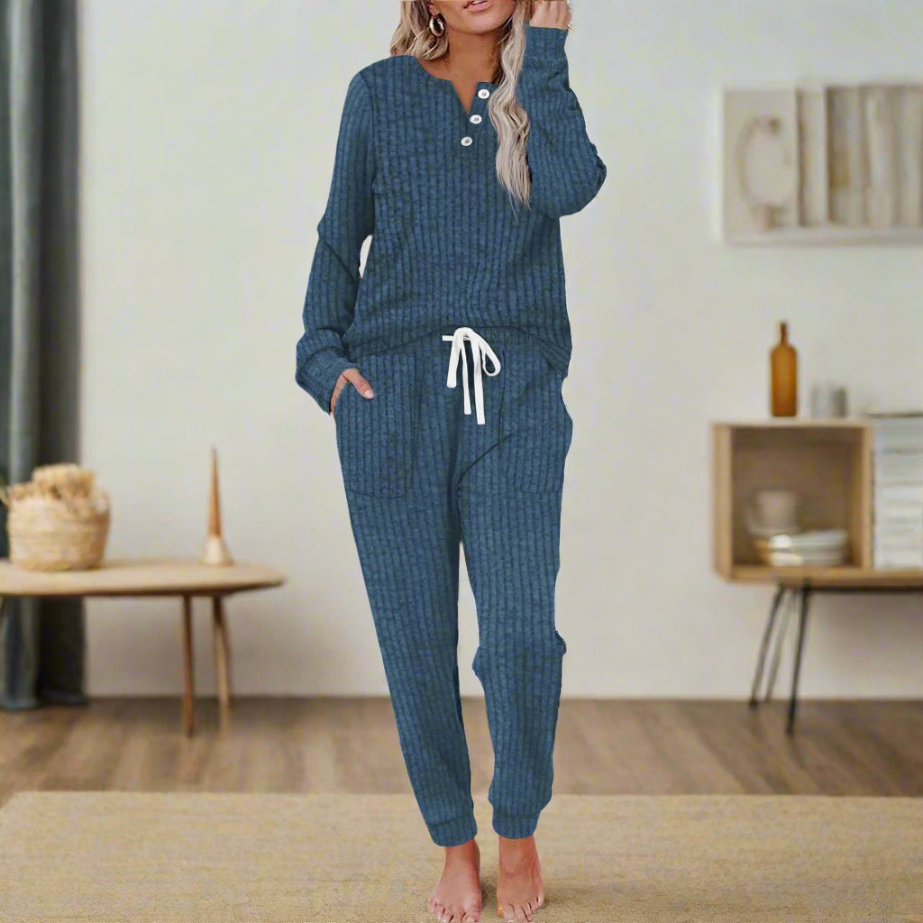 Waffle Knit Two-Piece Lounge Set in Blue