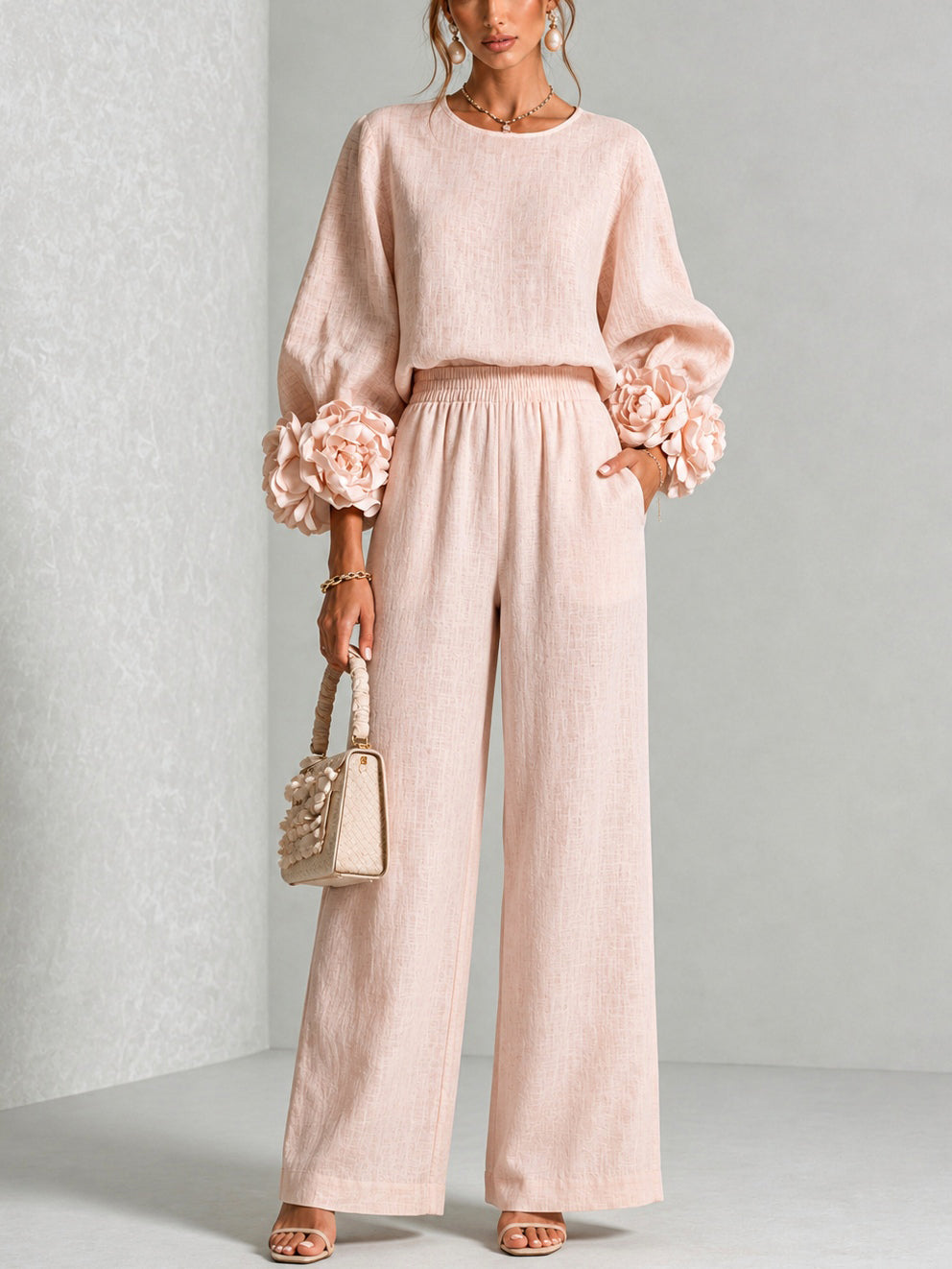 Rosalie Floral Cuff Two-Piece Set in Blush Pink, front view
