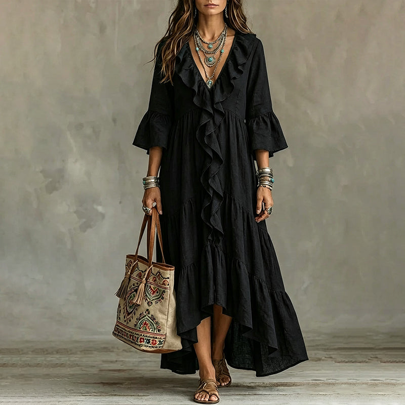 Women's Retro Ruffled V-Neck Dress with Bell Sleeves