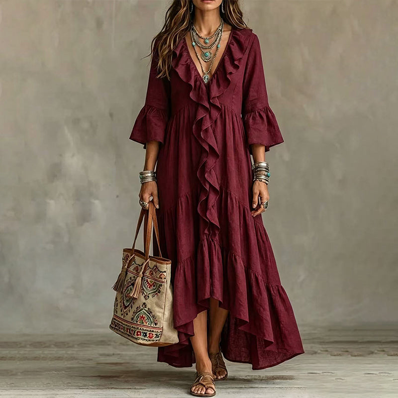 Women's Retro Ruffled V-Neck Dress with Bell Sleeves