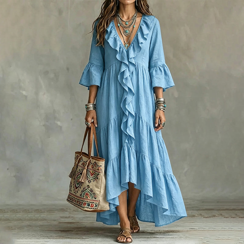 Women's Retro Ruffled V-Neck Dress with Bell Sleeves