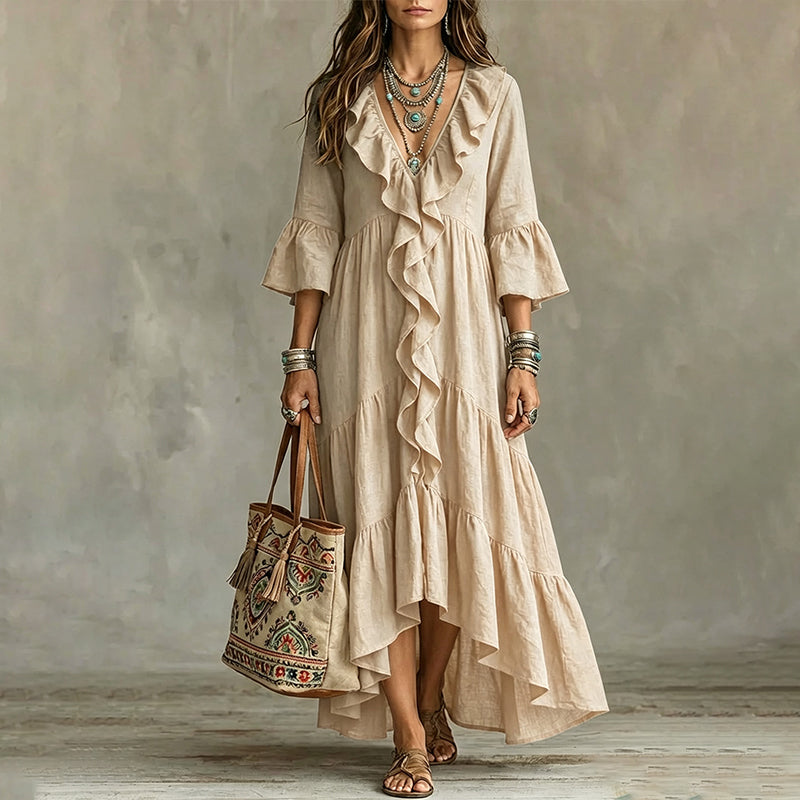 Women's Retro Ruffled V-Neck Dress with Bell Sleeves