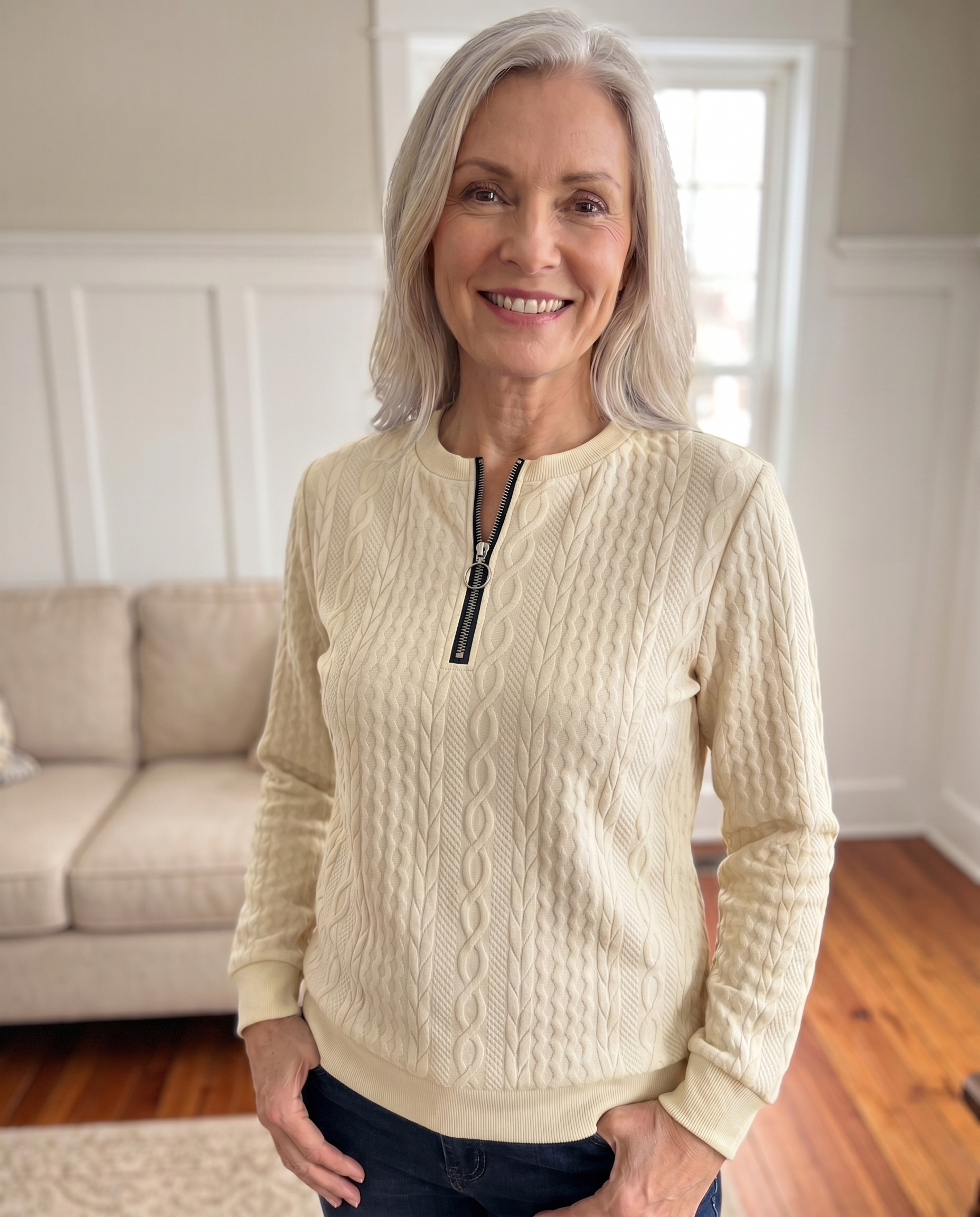 Gastown Textured Zip Sweatshirt in cream, worn indoors