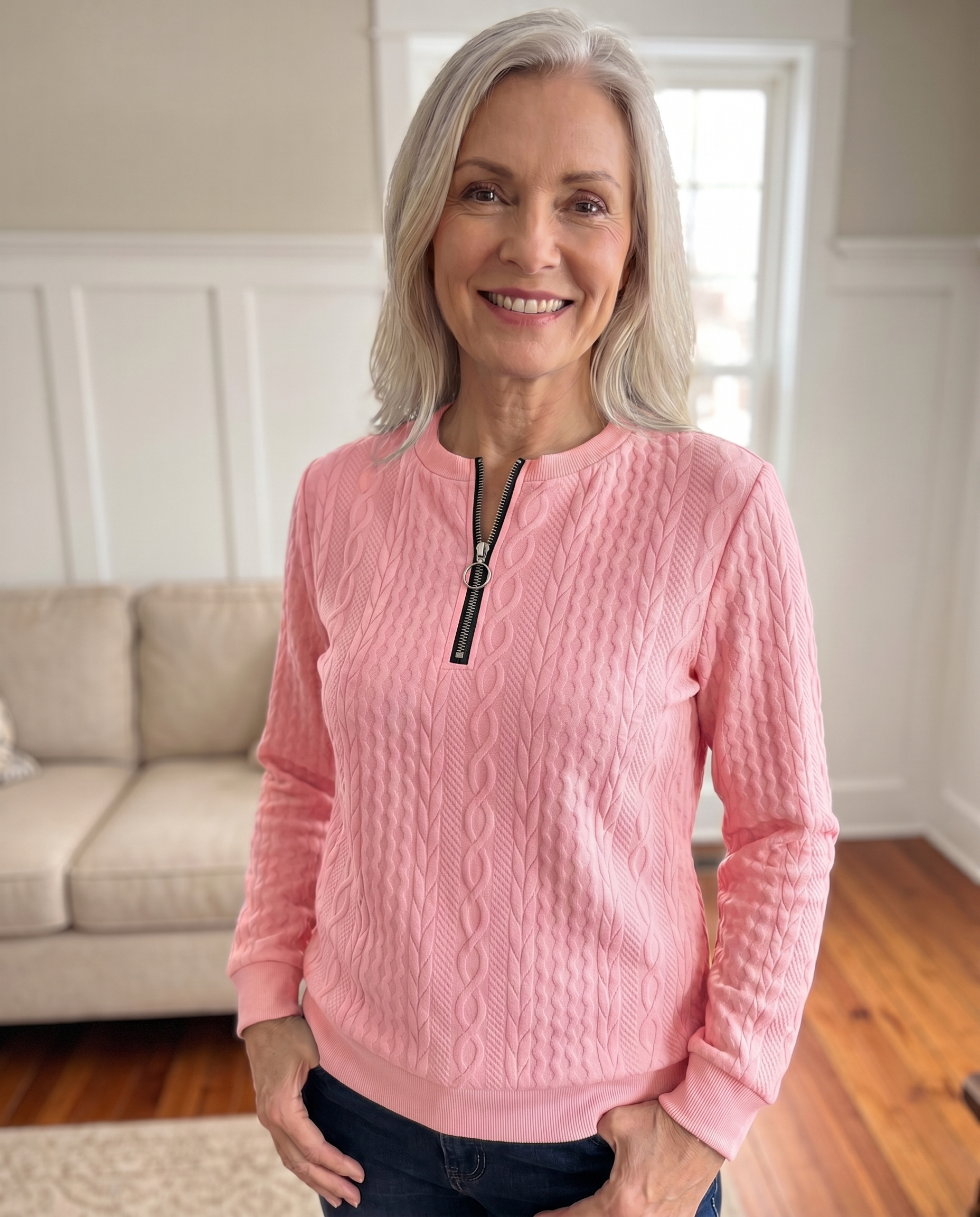 Gastown Textured Zip Sweatshirt in pink, worn indoors