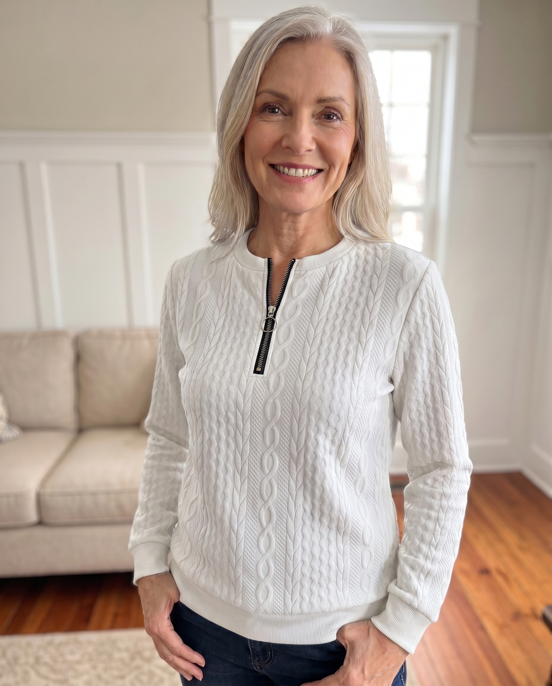 Gastown Textured Zip Sweatshirt in white, worn open over a tee