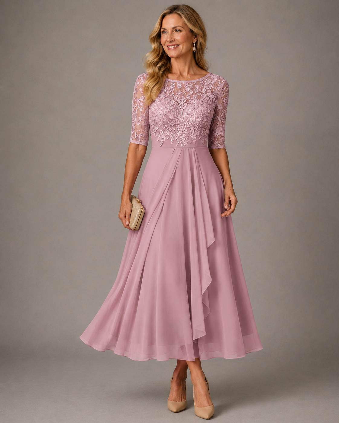 Rosa lace midi dress, embroidered lace bodice and sheer half sleeves