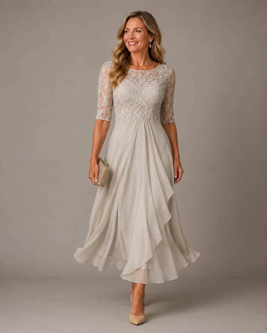 Rosa lace midi dress, layered midi skirt shown in movement