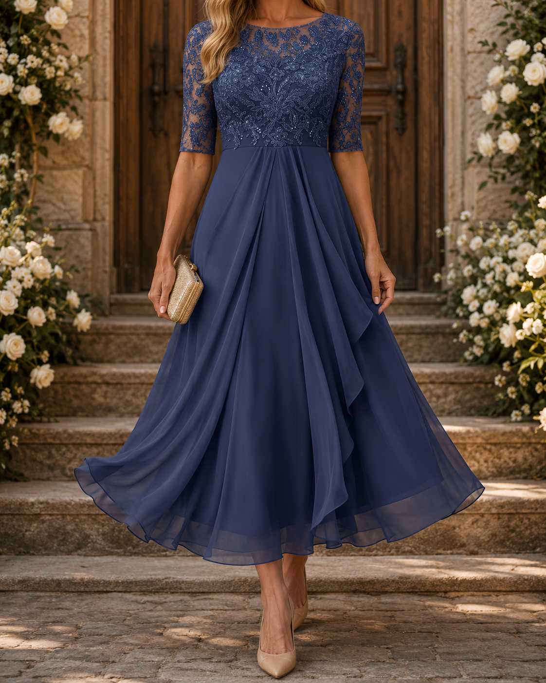 Rosa lace midi dress, close detail of the lace embroidery