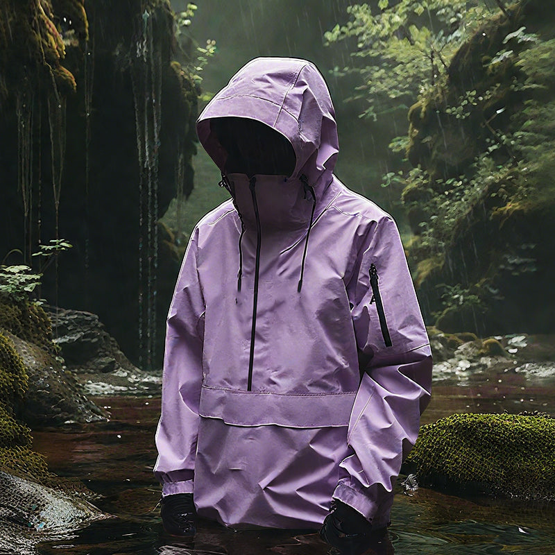 Waterproof Anorak Rain Jacket with the hood up in the rain
