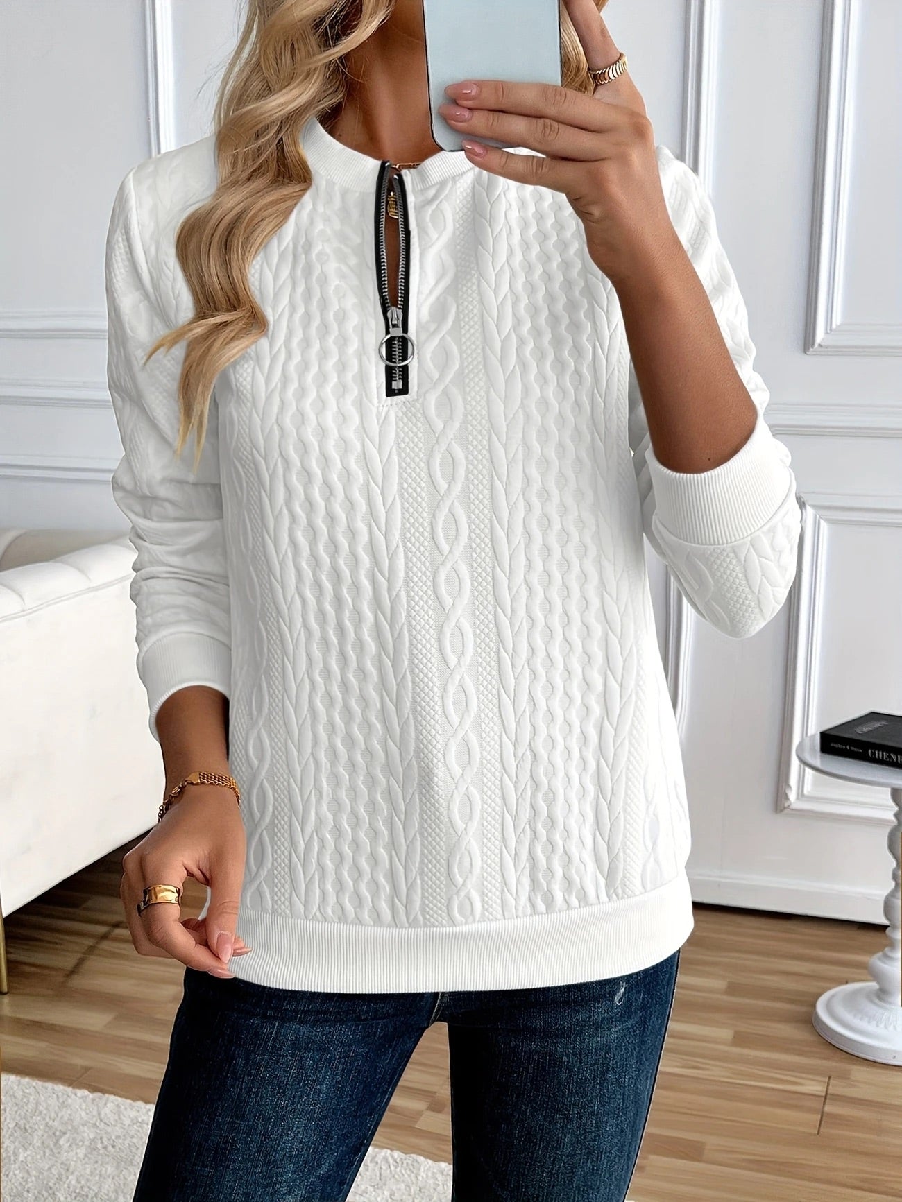 Woman wearing the Gastown Textured Zip Sweatshirt in white