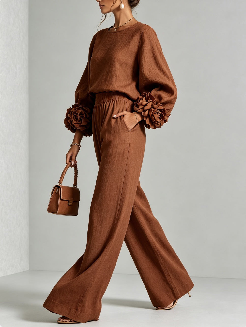 Rosalie Floral Cuff Two-Piece Set in Brown