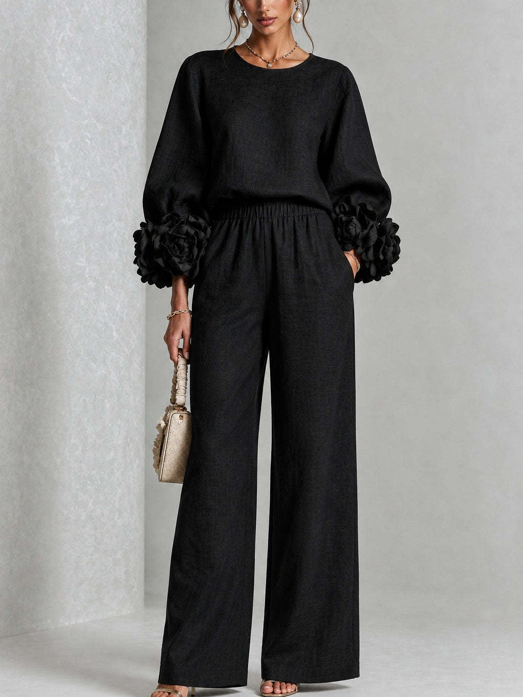 Rosalie Floral Cuff Two-Piece Set in Black