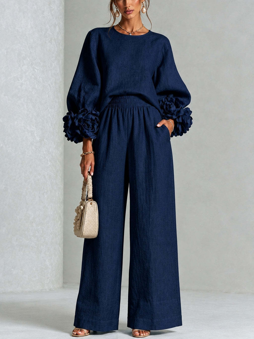 Rosalie Floral Cuff Two-Piece Set in Navy Blue