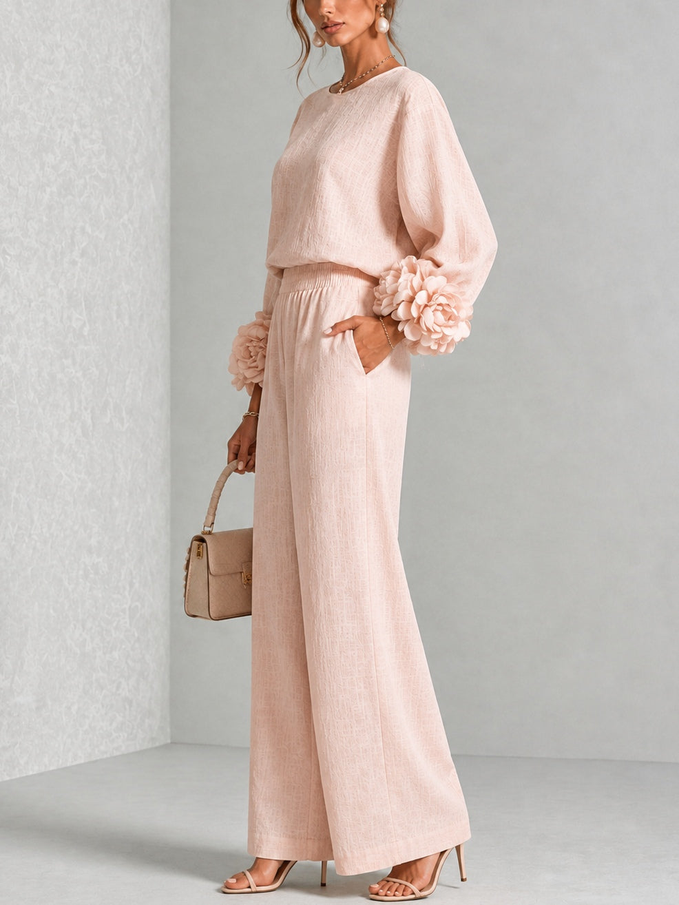 Rosalie Floral Cuff Two-Piece Set in Blush Pink, side view showing the floral cuff detail