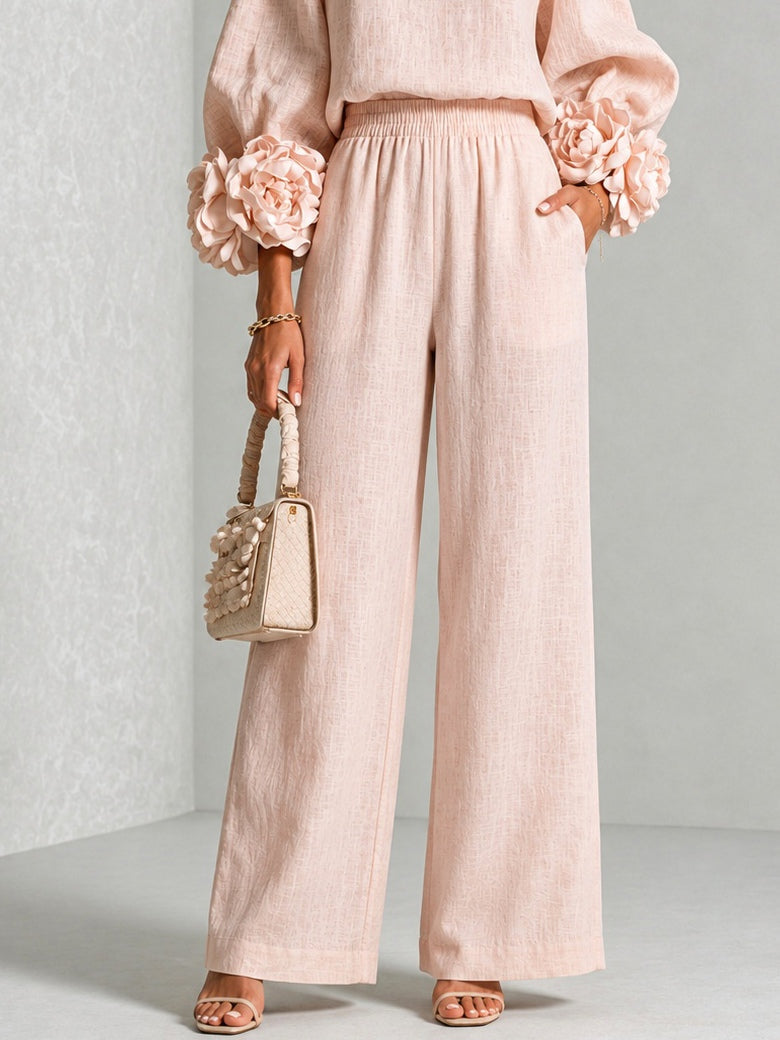 Rosalie Floral Cuff Two-Piece Set in Blush Pink, full-length view of the wide-leg trousers