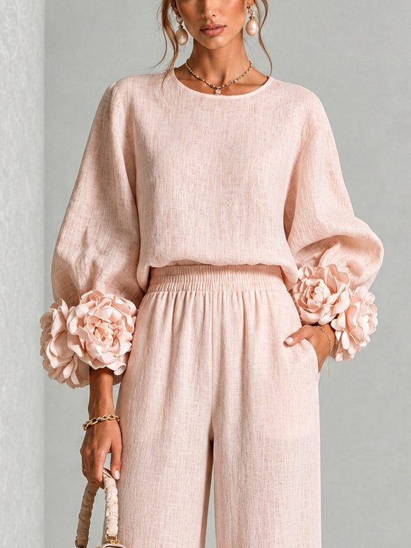 Rosalie Floral Cuff Two-Piece Set in Blush Pink, close view of the balloon sleeves