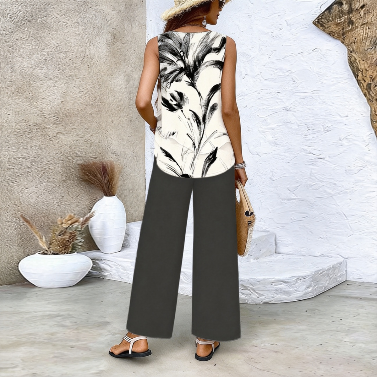 Black And White Sleeveless Two Piece Set
