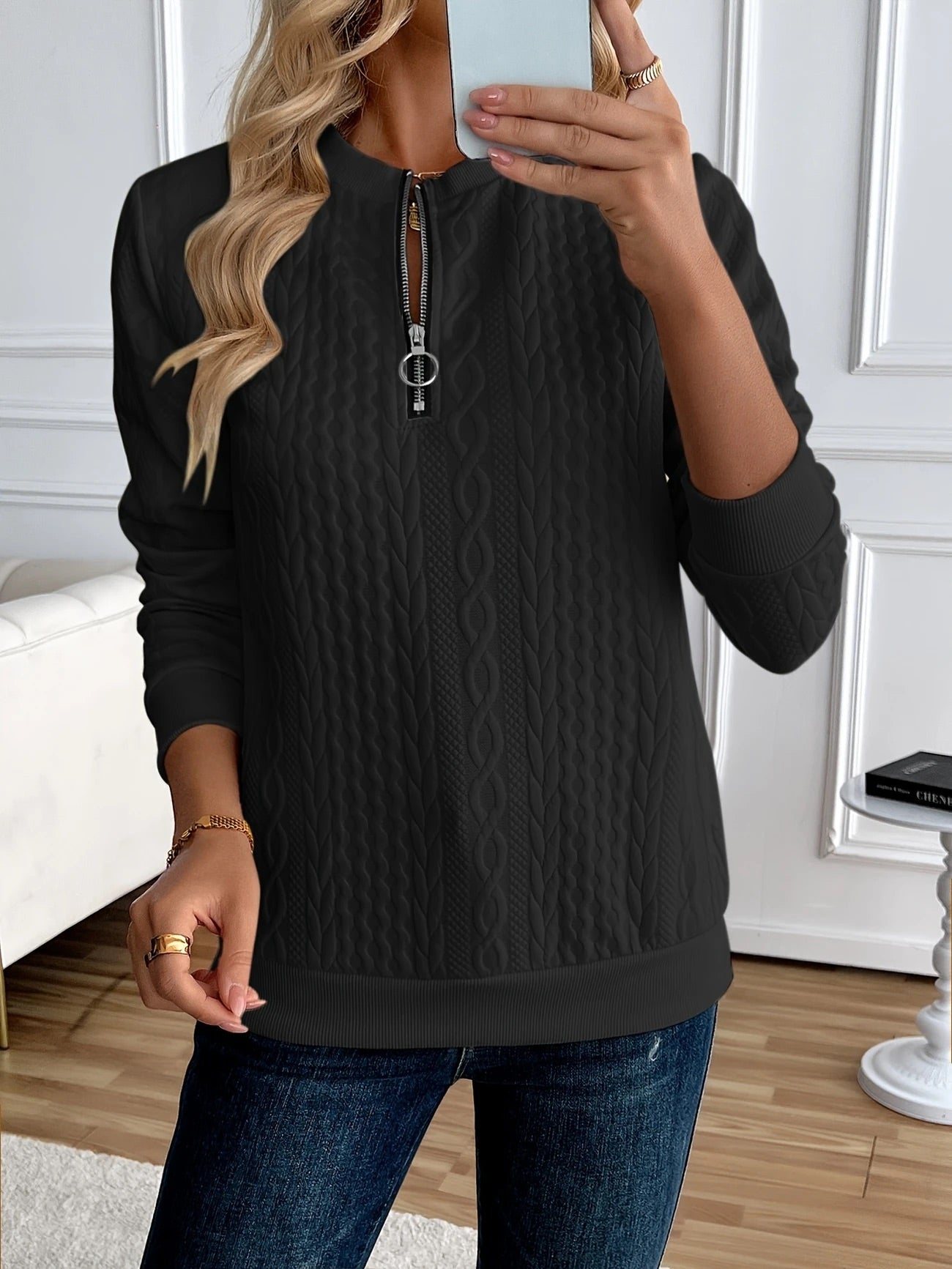 Woman wearing the Gastown Textured Zip Sweatshirt in black