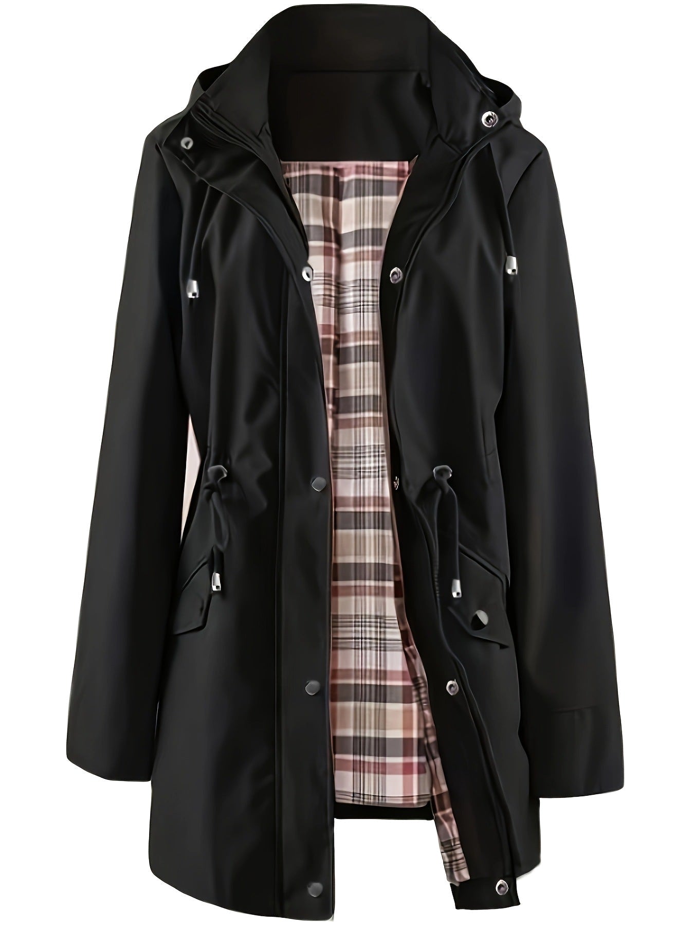 Gastown hooded rain parka in black with tartan lining, front view