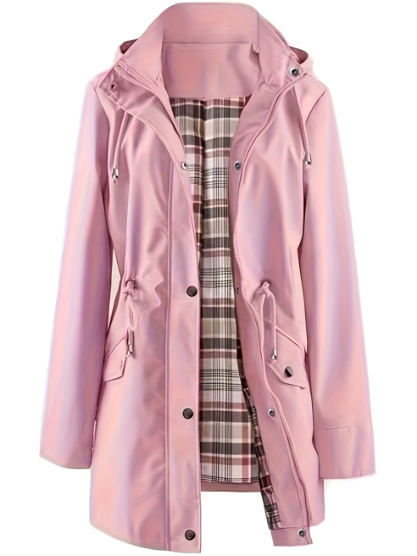 Gastown hooded rain parka in blush pink with tartan lining, front view