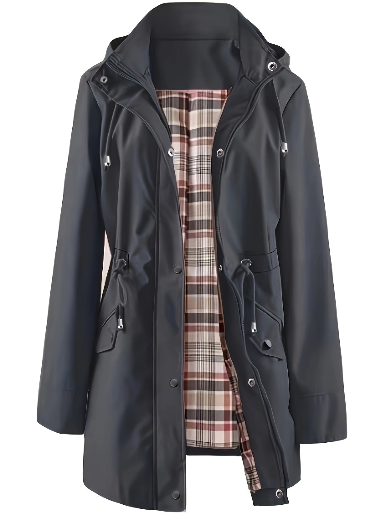 Gastown hooded rain parka in charcoal with tartan lining, front view