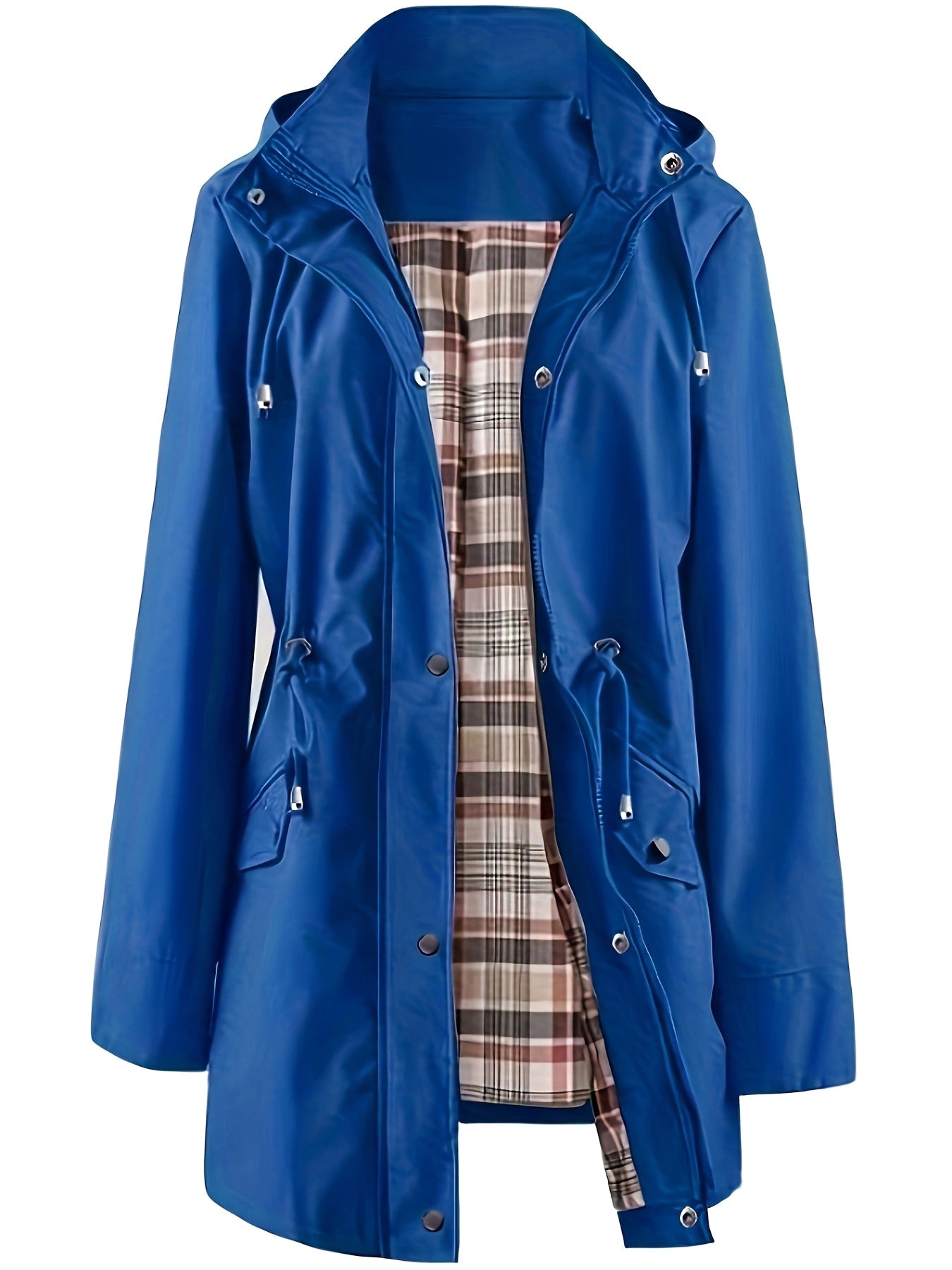 Gastown hooded rain parka in cobalt blue with tartan lining, front view