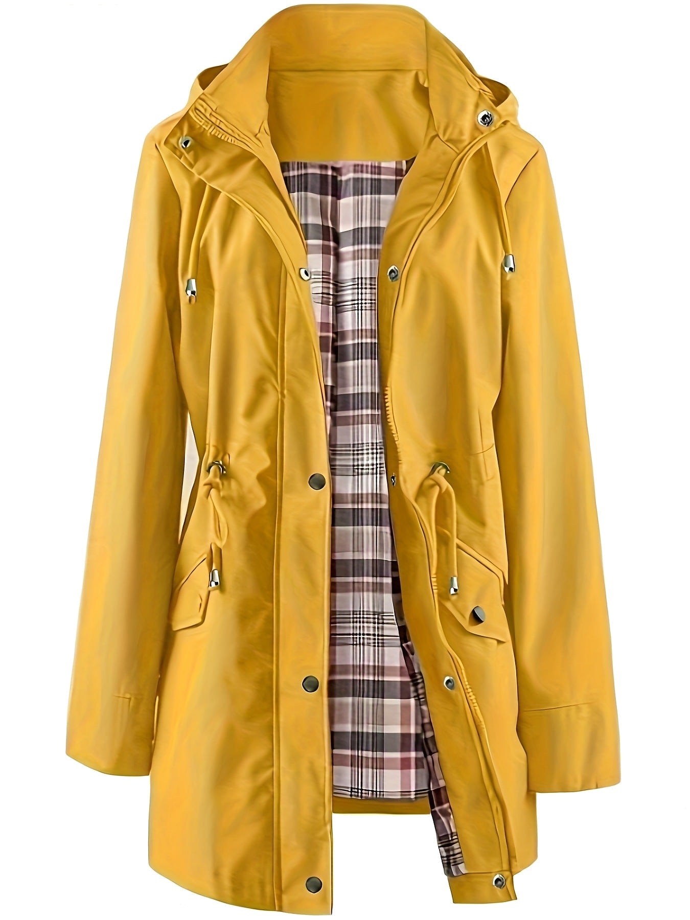 Gastown hooded rain parka in mustard yellow with tartan lining, front view