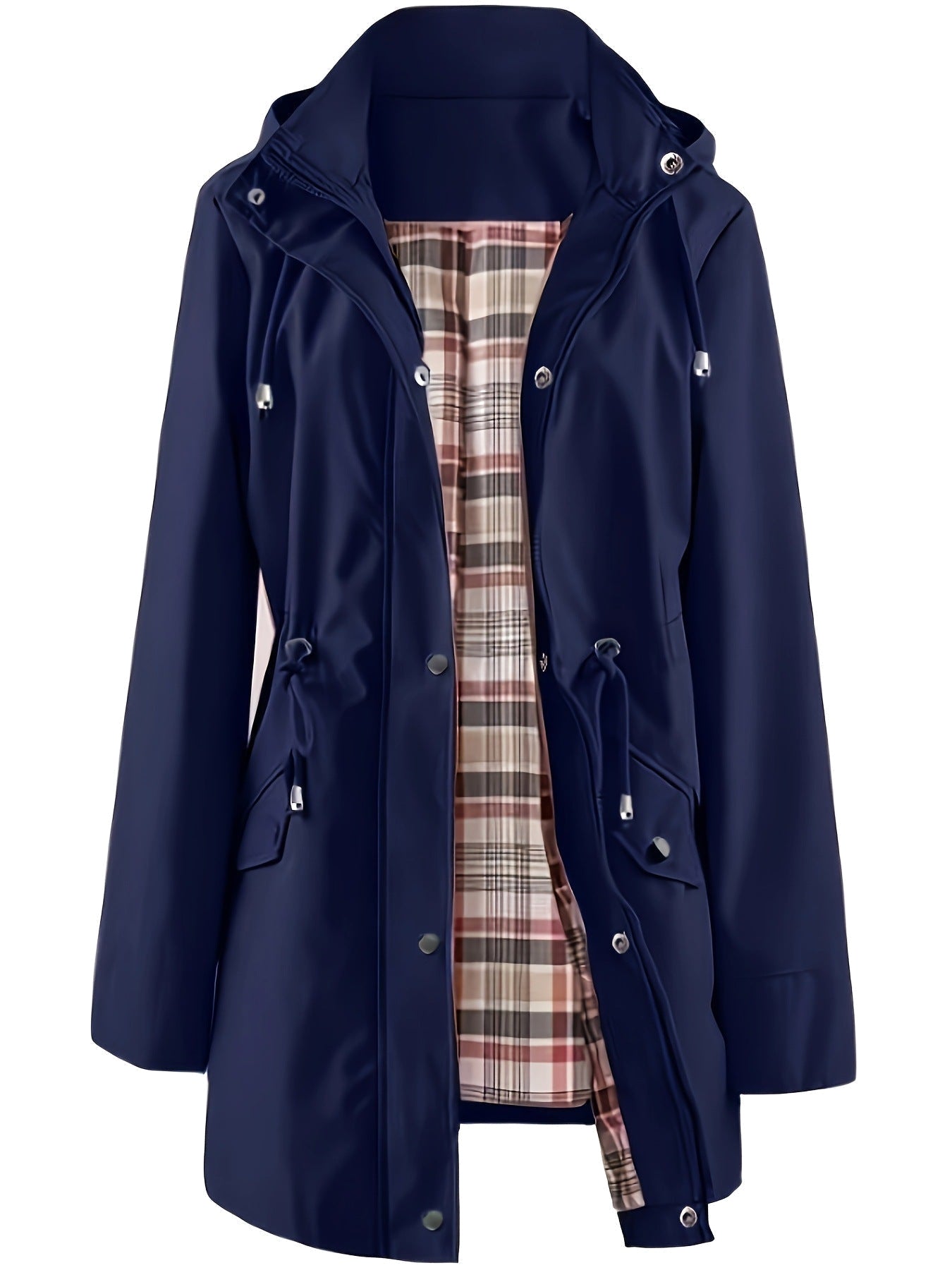 Gastown hooded rain parka in navy with tartan lining, front view