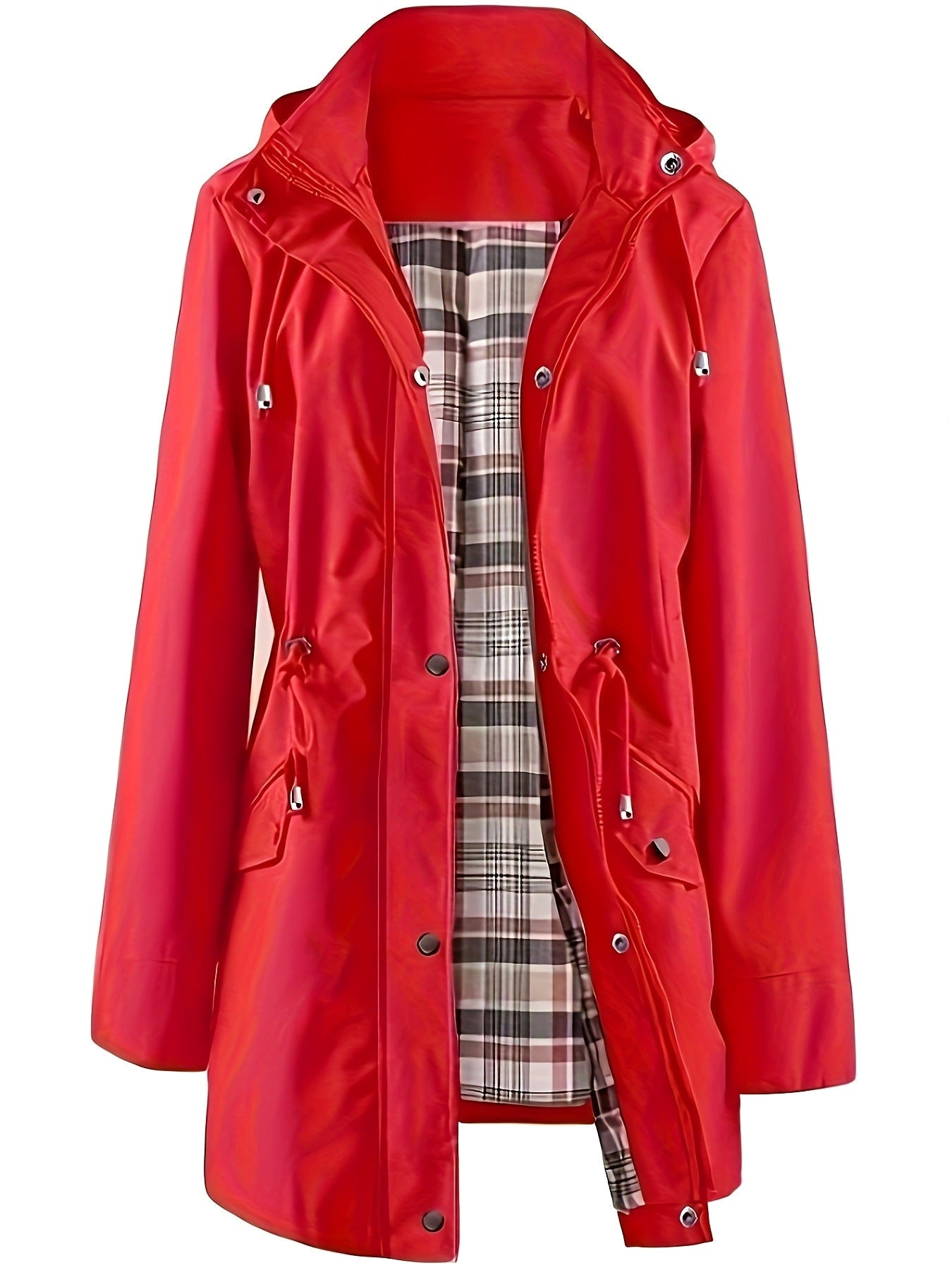 Gastown hooded rain parka in red with tartan lining, front view