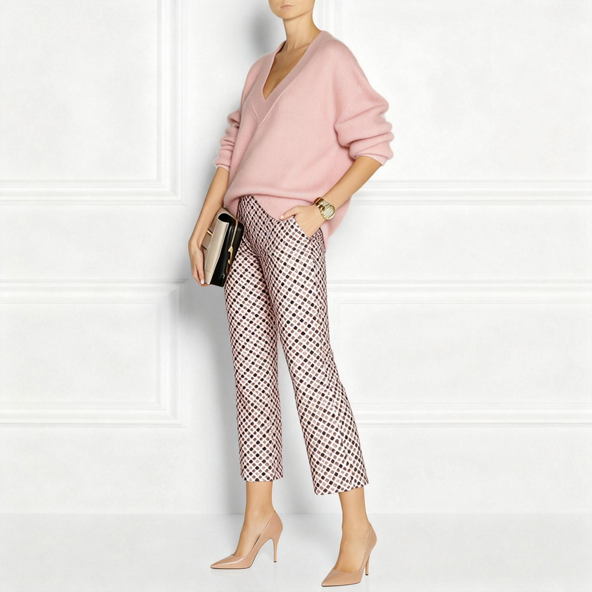 Pink Side Pocket V-Neck Two Piece Set