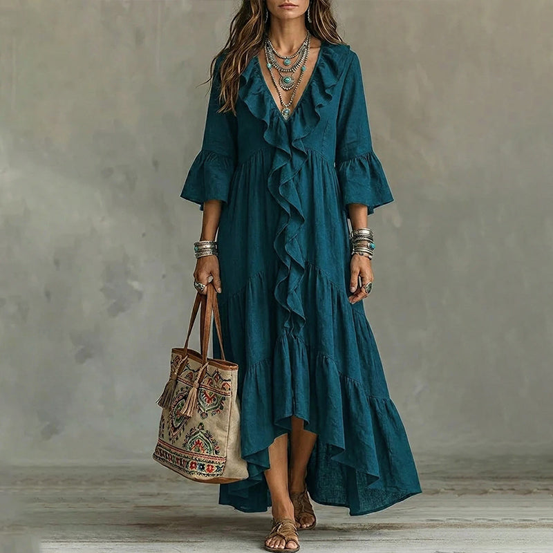 Women's Retro Ruffled V-Neck Dress with Bell Sleeves