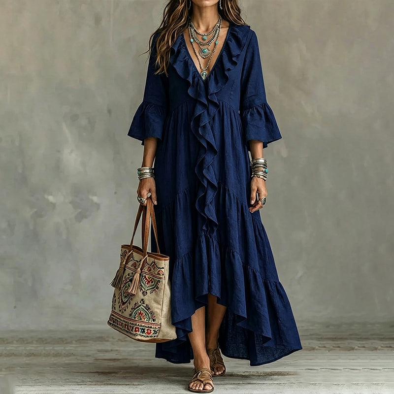 Women's Retro Ruffled V-Neck Dress with Bell Sleeves