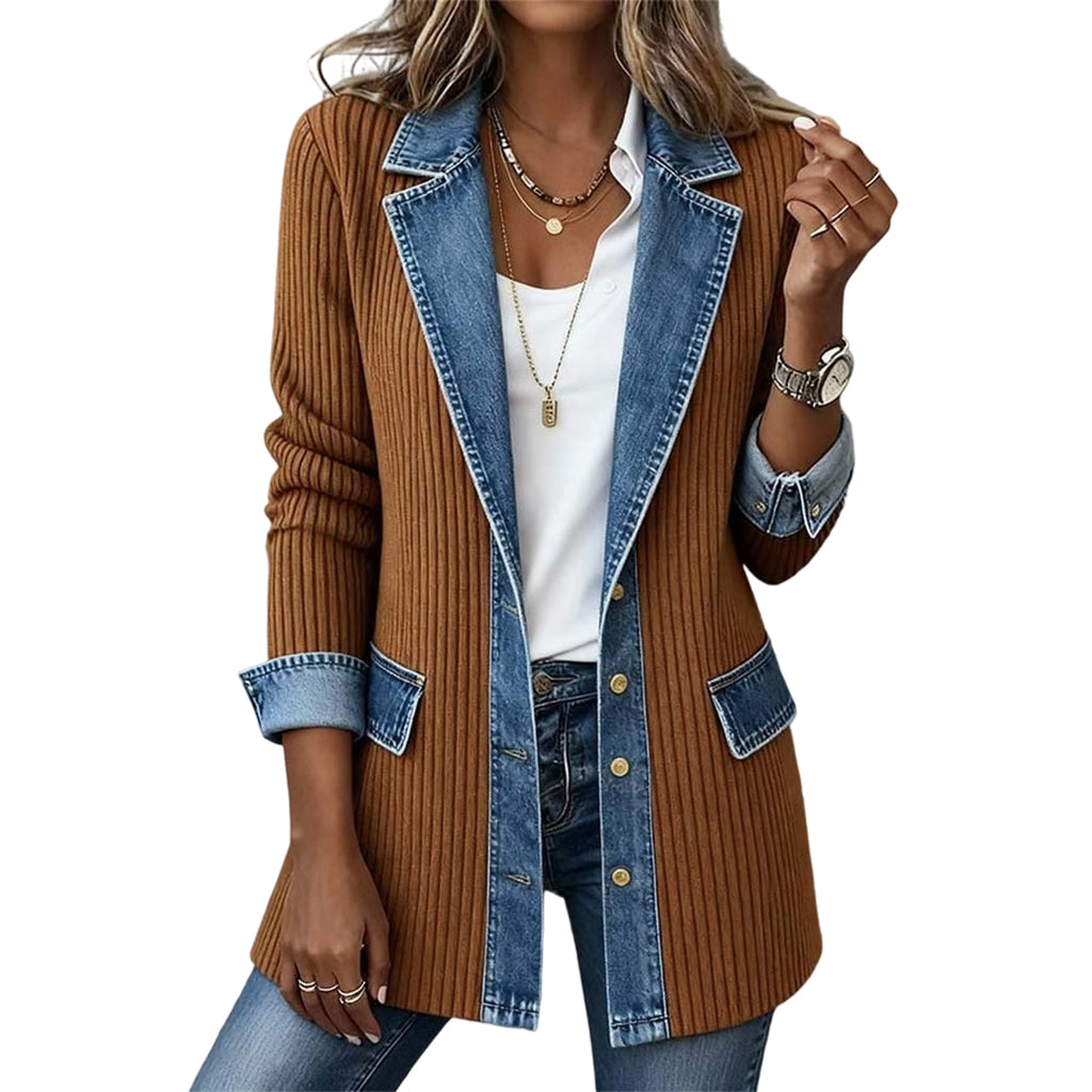 Gastown Denim Spliced Ribbed Knit Jacket