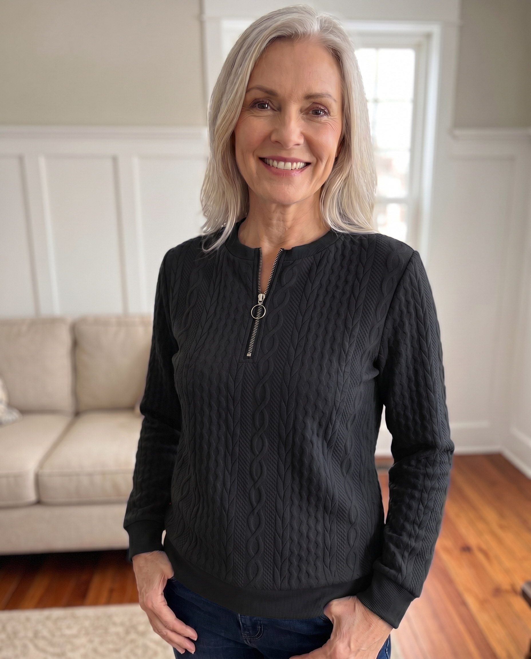 Gastown Textured Zip Sweatshirt in black, worn indoors