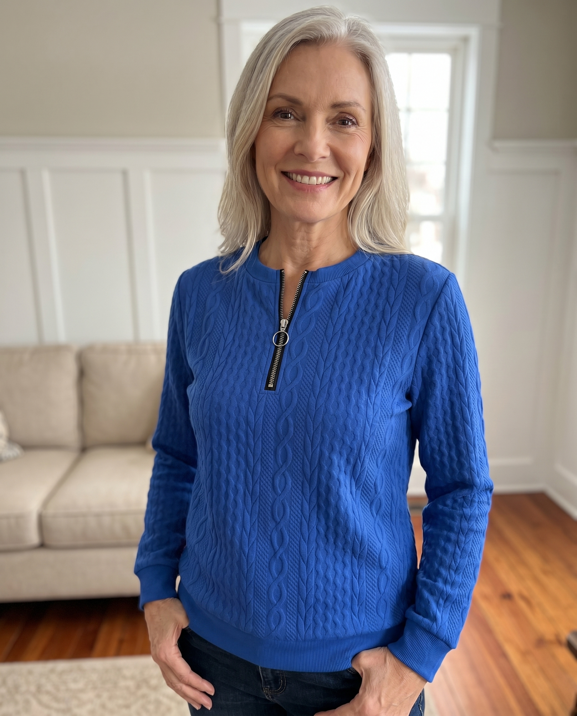 Gastown Textured Zip Sweatshirt in blue, worn indoors