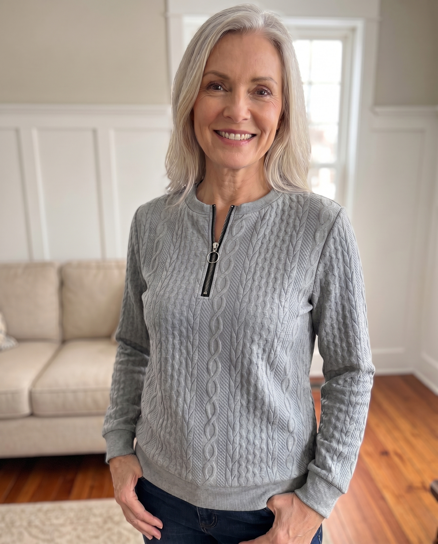 Gastown Textured Zip Sweatshirt in grey, worn indoors