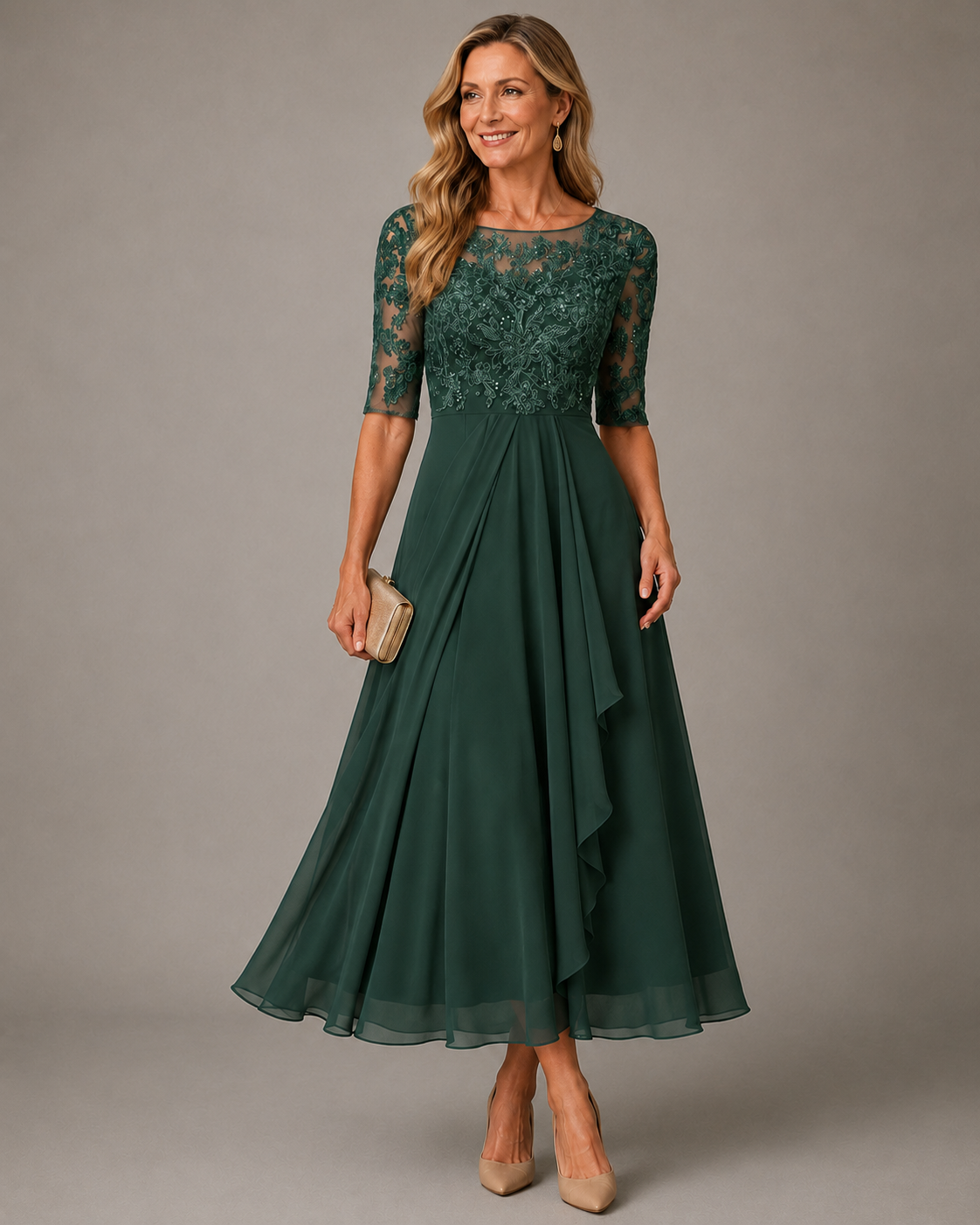 Rosa lace midi dress, side view showing the fitted bodice and flowing skirt