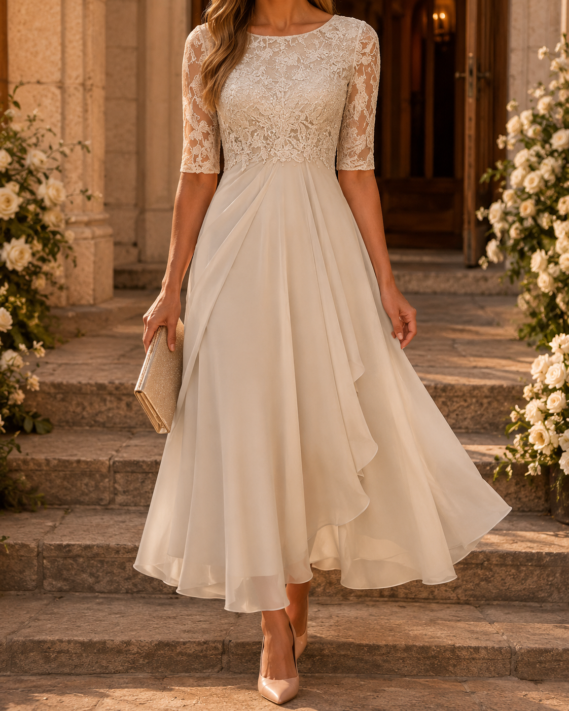 Rosa lace midi dress, styled for a wedding or evening occasion
